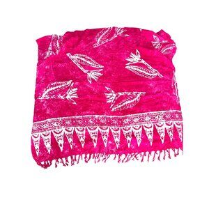 Boho Feather Print Pink White Batik Tie Dye Stone Wash Style Sarong With Fringe